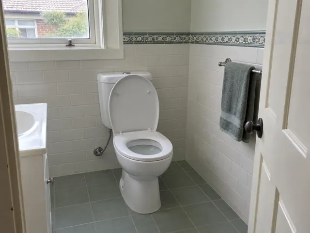 Clean white toilet in a tiled bathroom with a window, towel rail and green floor tiles in Lidcombe